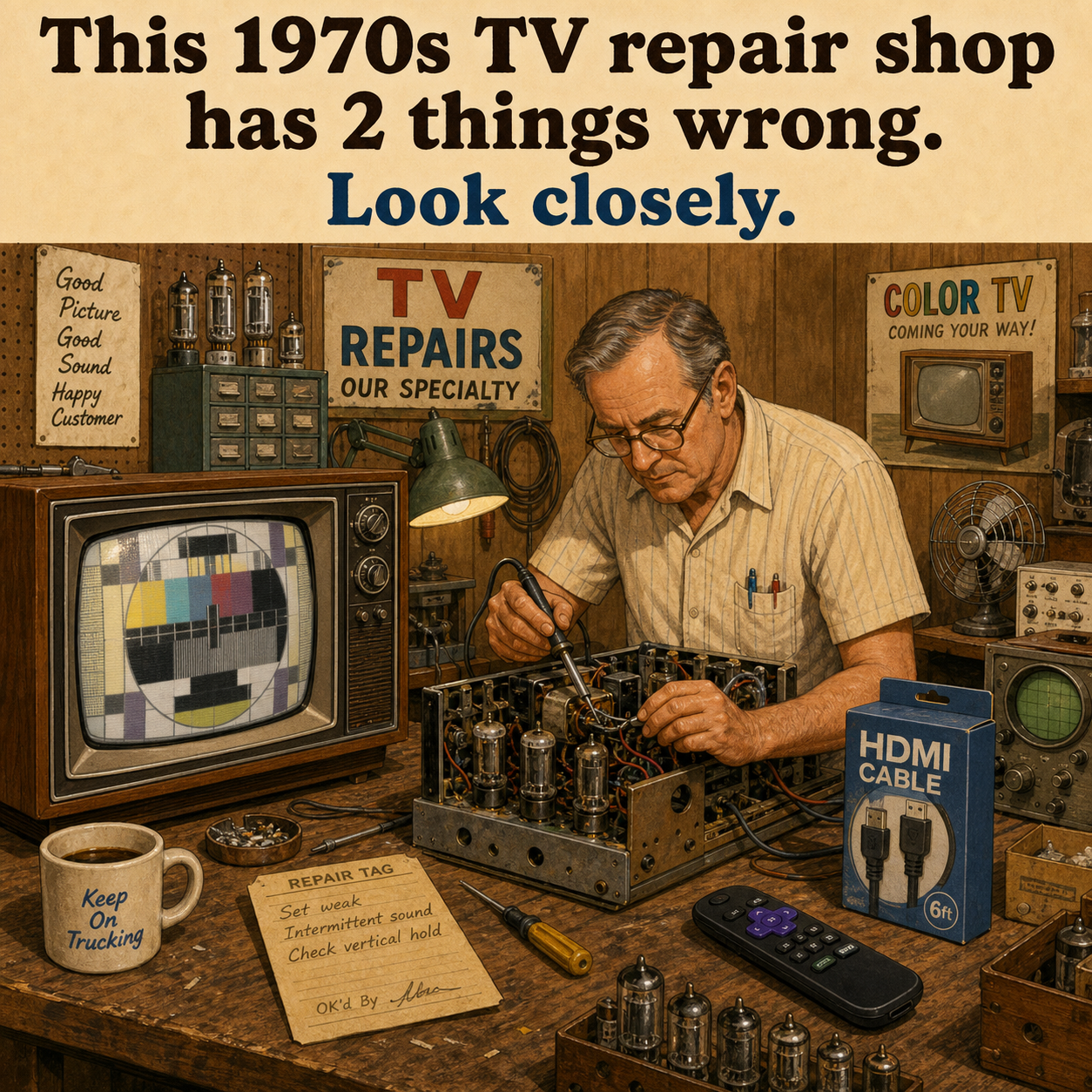 Two Things Are Wrong in This 1970s TV Repair Shop: Answer