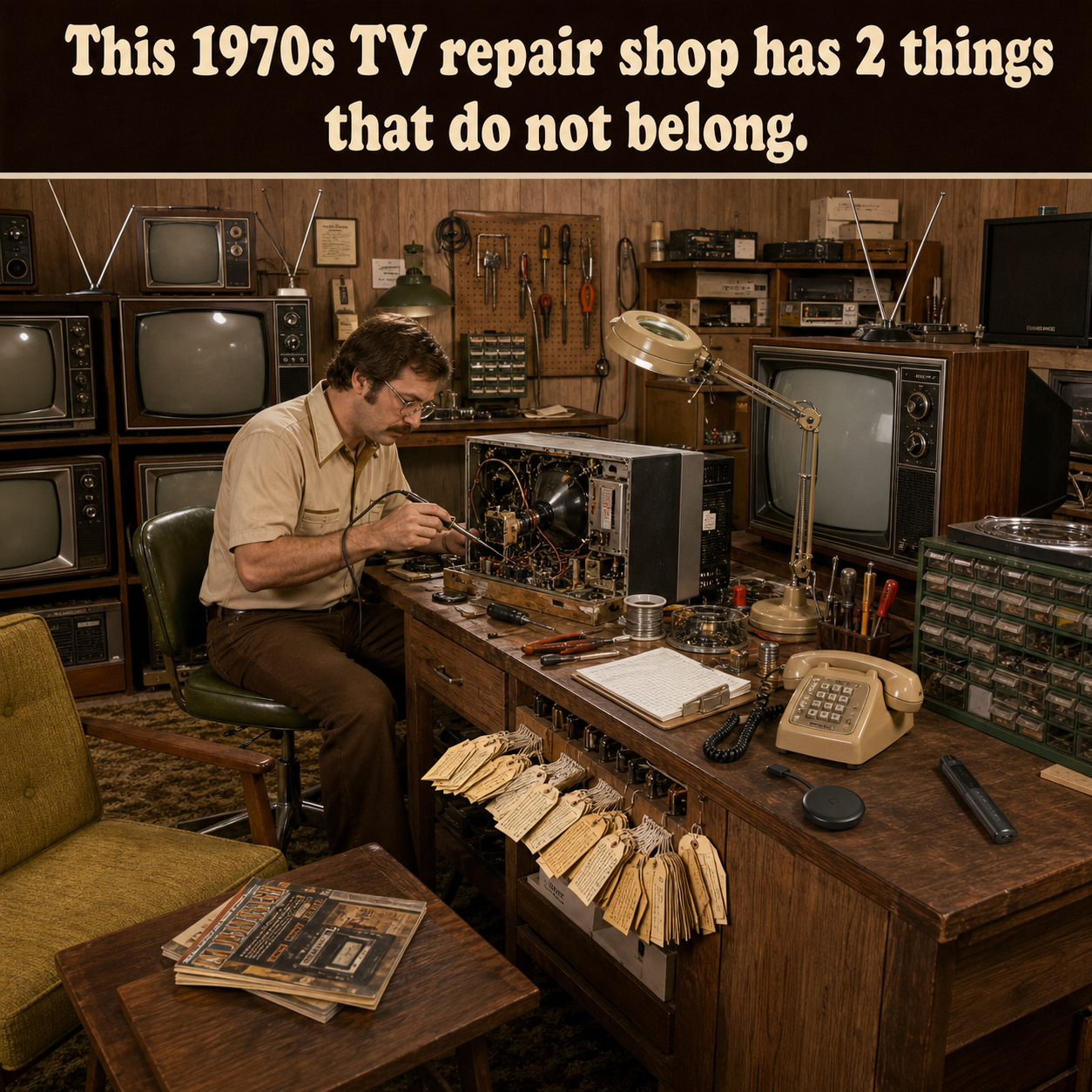 Two Things Are Wrong in This 1970s TV Repair Shop: Answer