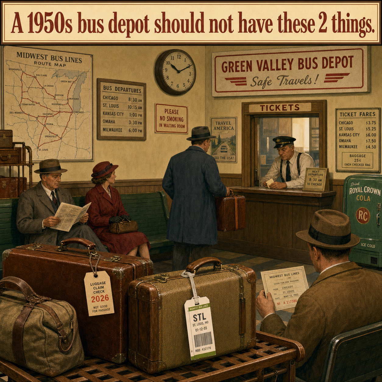 Two Things Are Wrong in This 1950s Bus Depot: Answer