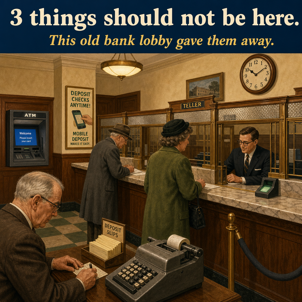 Three Things Are Wrong in This Old Bank Lobby: Answer