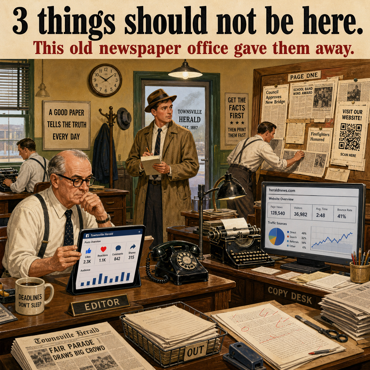 Three Things Are Wrong in This Old Newspaper Office: Answer