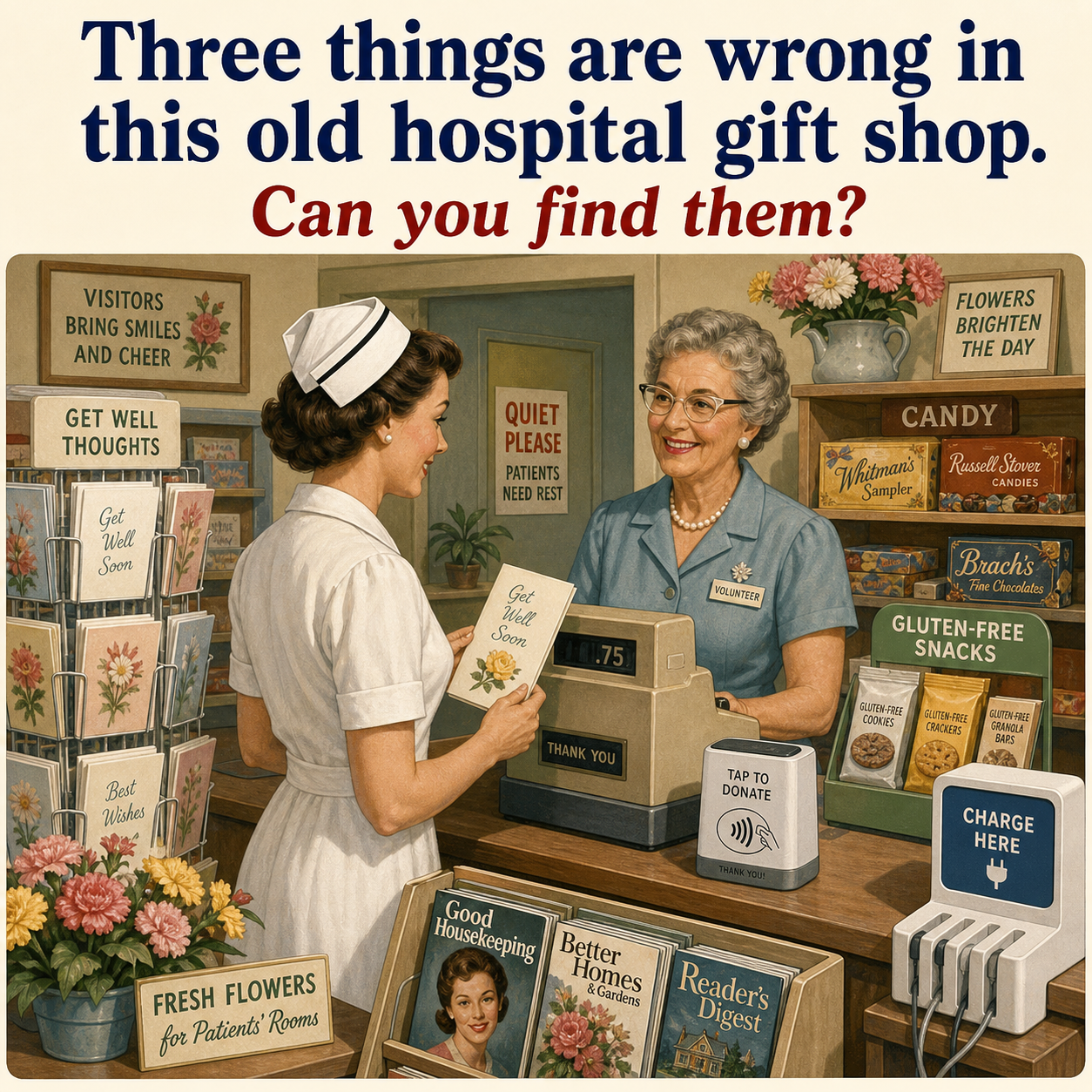 Three Things Are Wrong in This Old Hospital Gift Shop: Answer