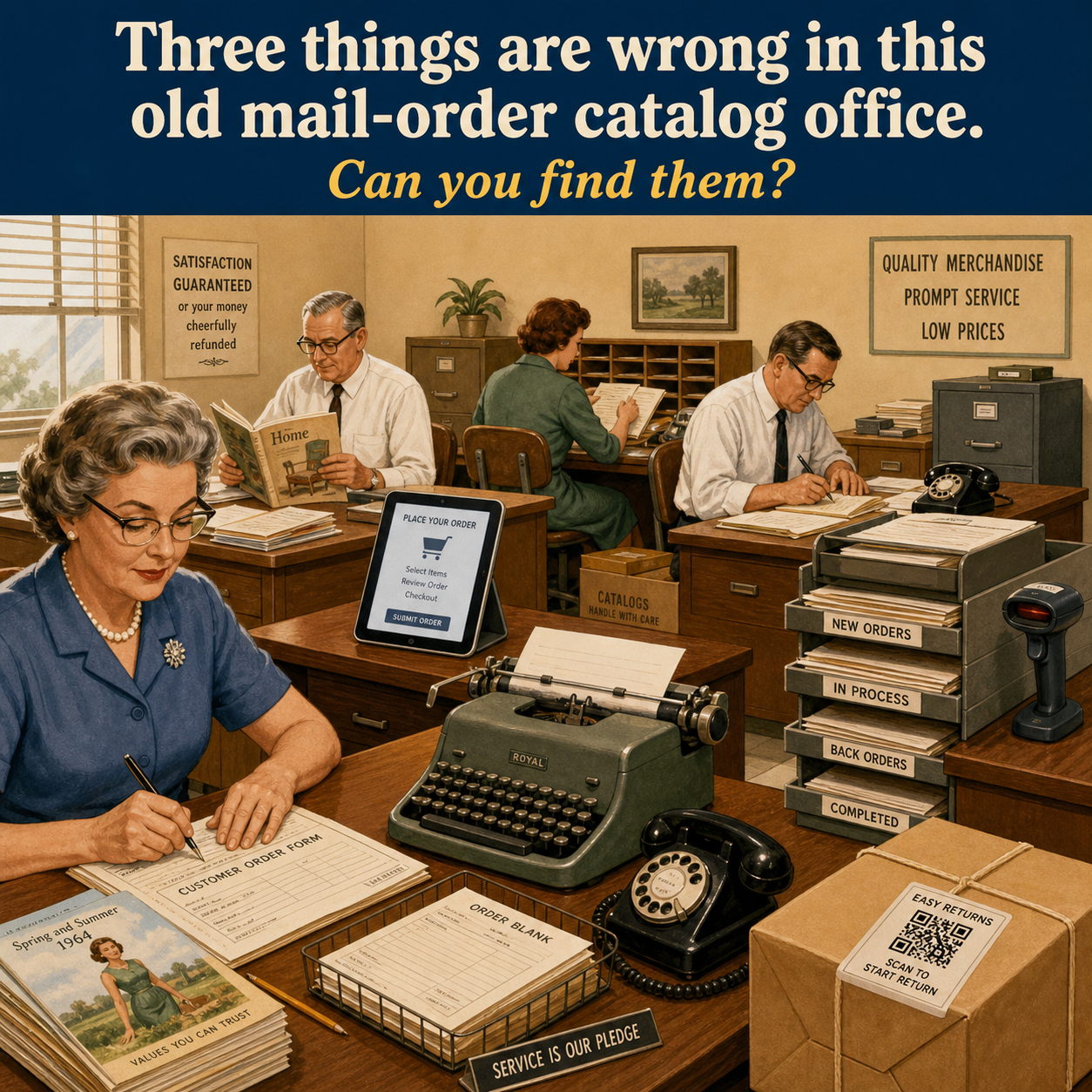 Three Things Are Wrong in This Old Mail-Order Catalog Office: Answer