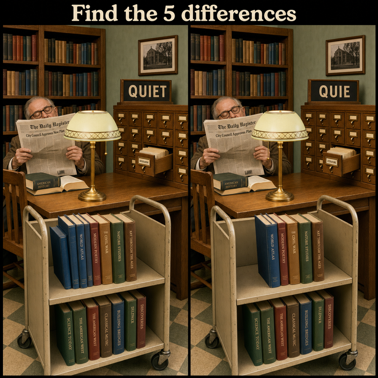 Find the 5 Differences: Library Reading Room Puzzle Answer