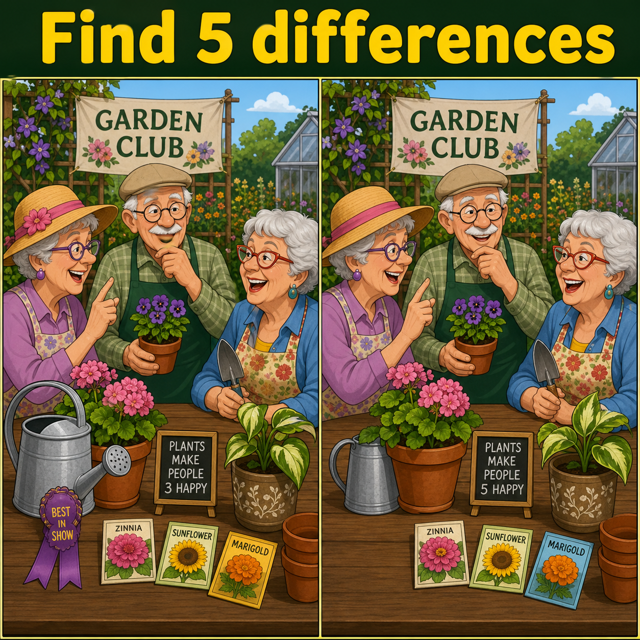 Find the 5 Differences: Garden Club Puzzle Answer