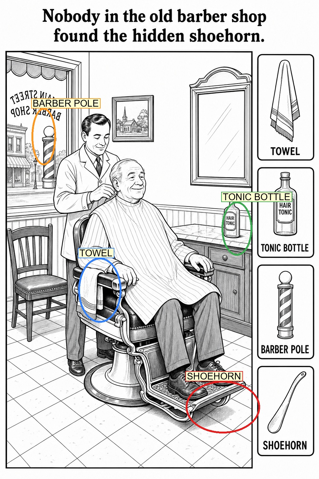 Can You Find the Hidden Shoehorn in the Old Barber Shop? answer image