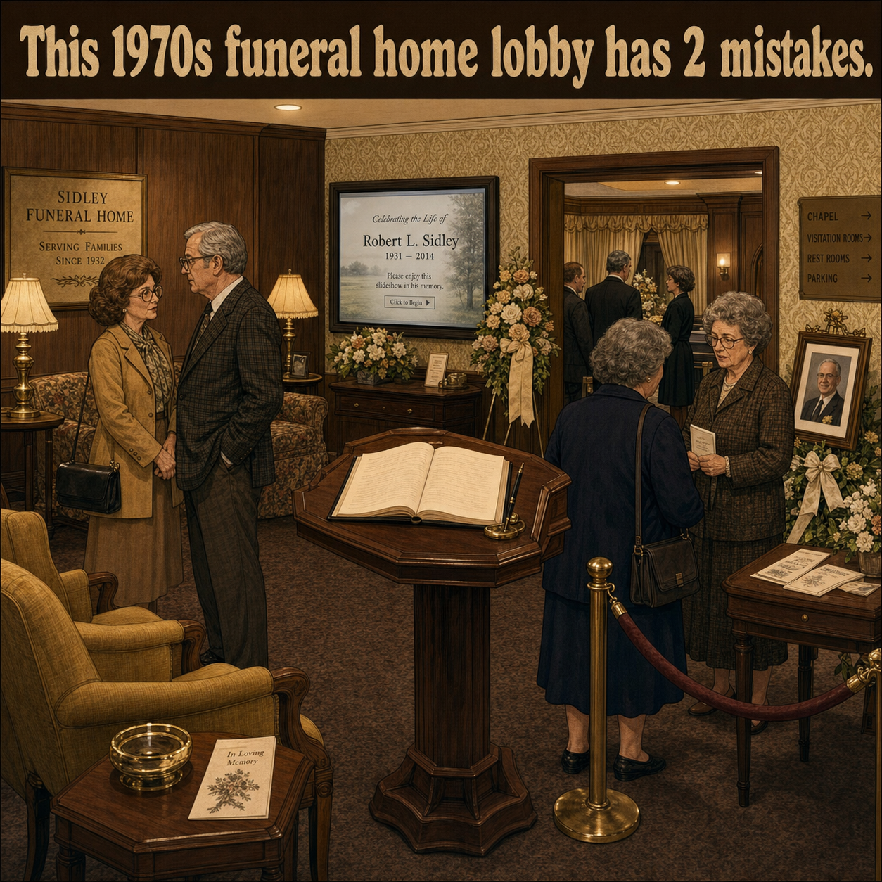 Two Things Are Wrong at This 1970s Funeral Home Lobby: Answer