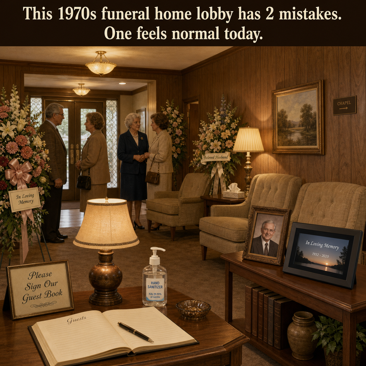 Two Things Are Wrong in This 1970s Funeral Home Lobby: Answer