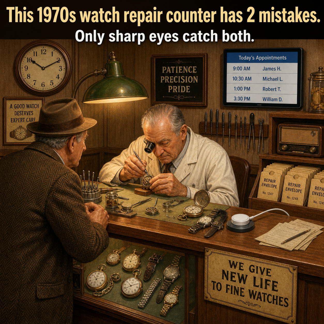 Two Things Are Wrong at This Old Watch Repair Counter: Answer