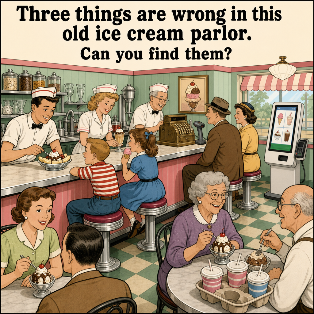 Three Things Are Wrong in This Old Ice Cream Parlor: Answer