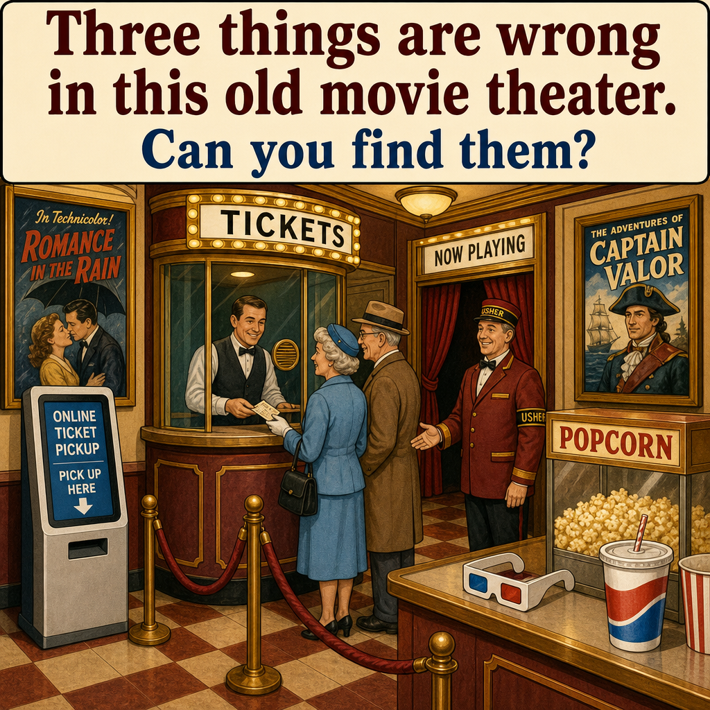 Three Things Are Wrong in This Old Movie Theater: Answer
