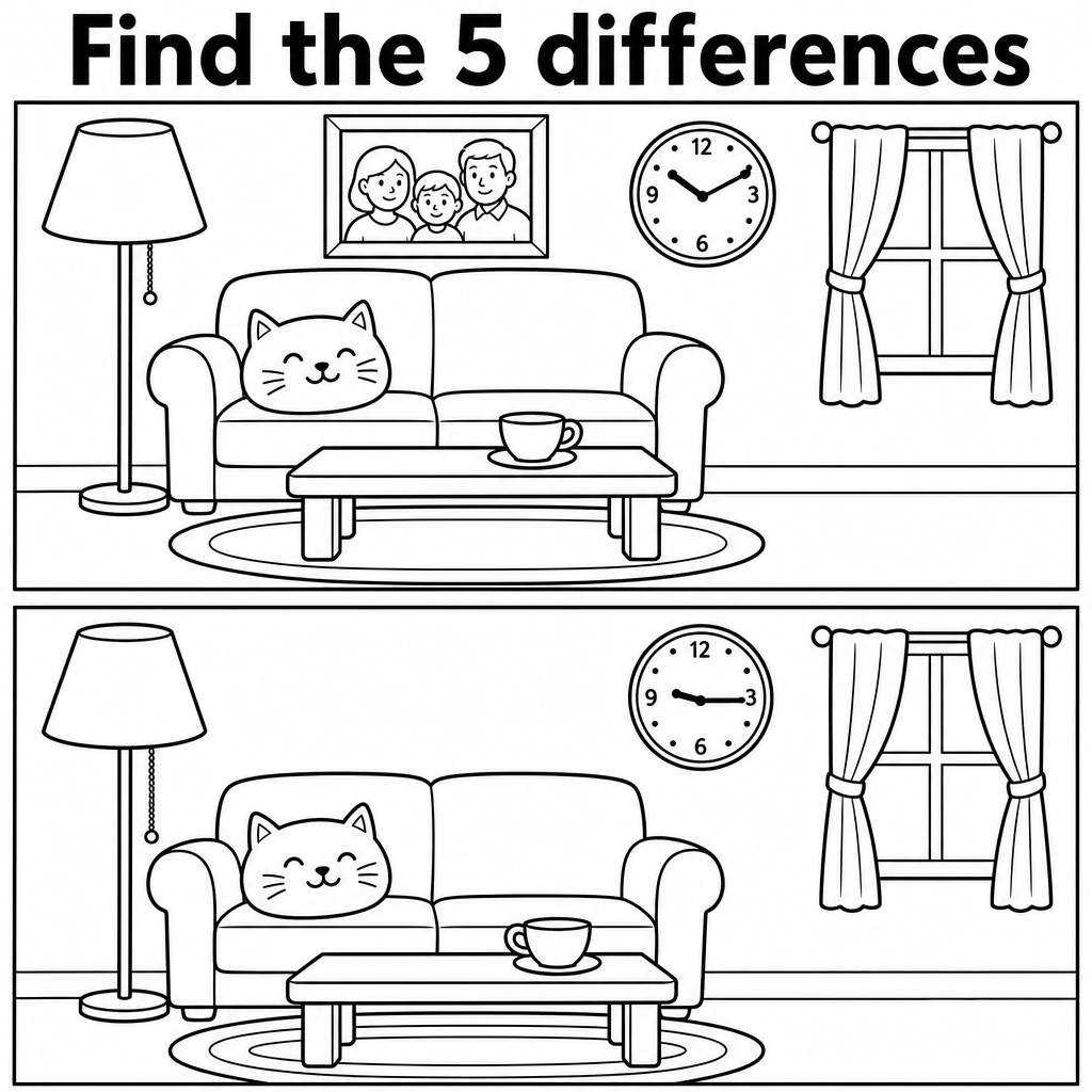Find the 5 Differences: Living Room Puzzle Answer
