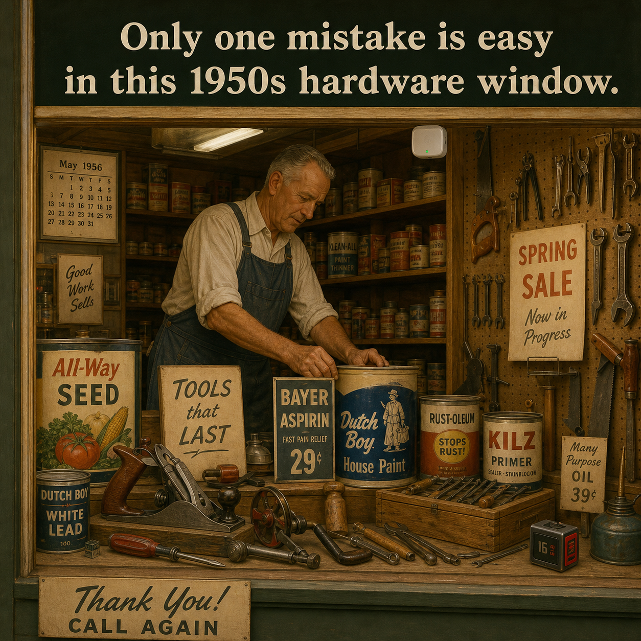 Two Things Are Wrong in This 1950s Hardware Window: Answer
