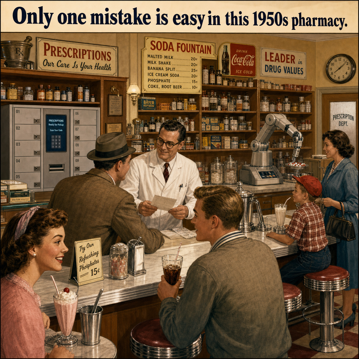 Two Things Are Wrong in This 1950s Pharmacy: Answer