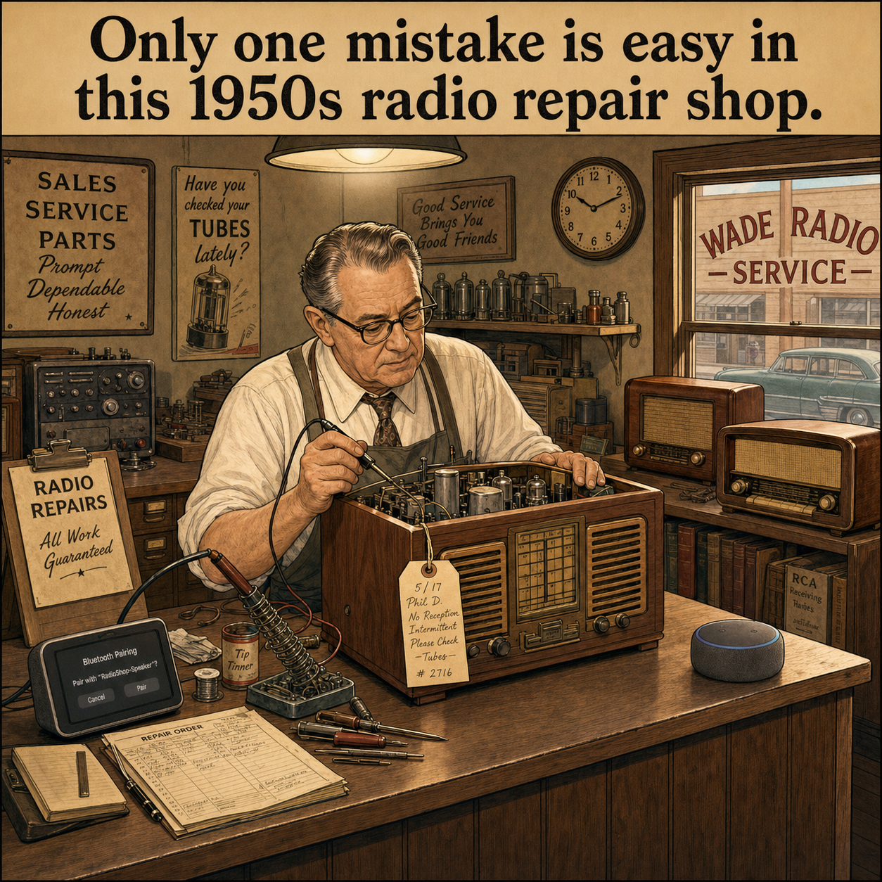 Two Things Are Wrong in This 1950s Radio Repair Shop: Answer