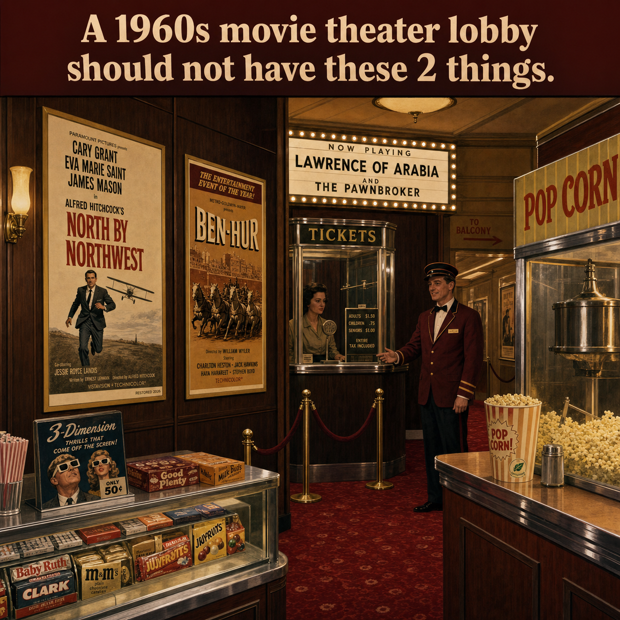 Two Things Are Wrong in This 1960s Movie Theater Lobby: Answer