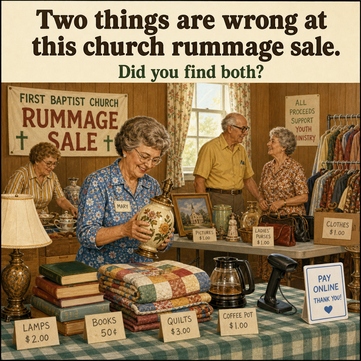 Two Things Are Wrong at This Church Rummage Sale: Answer
