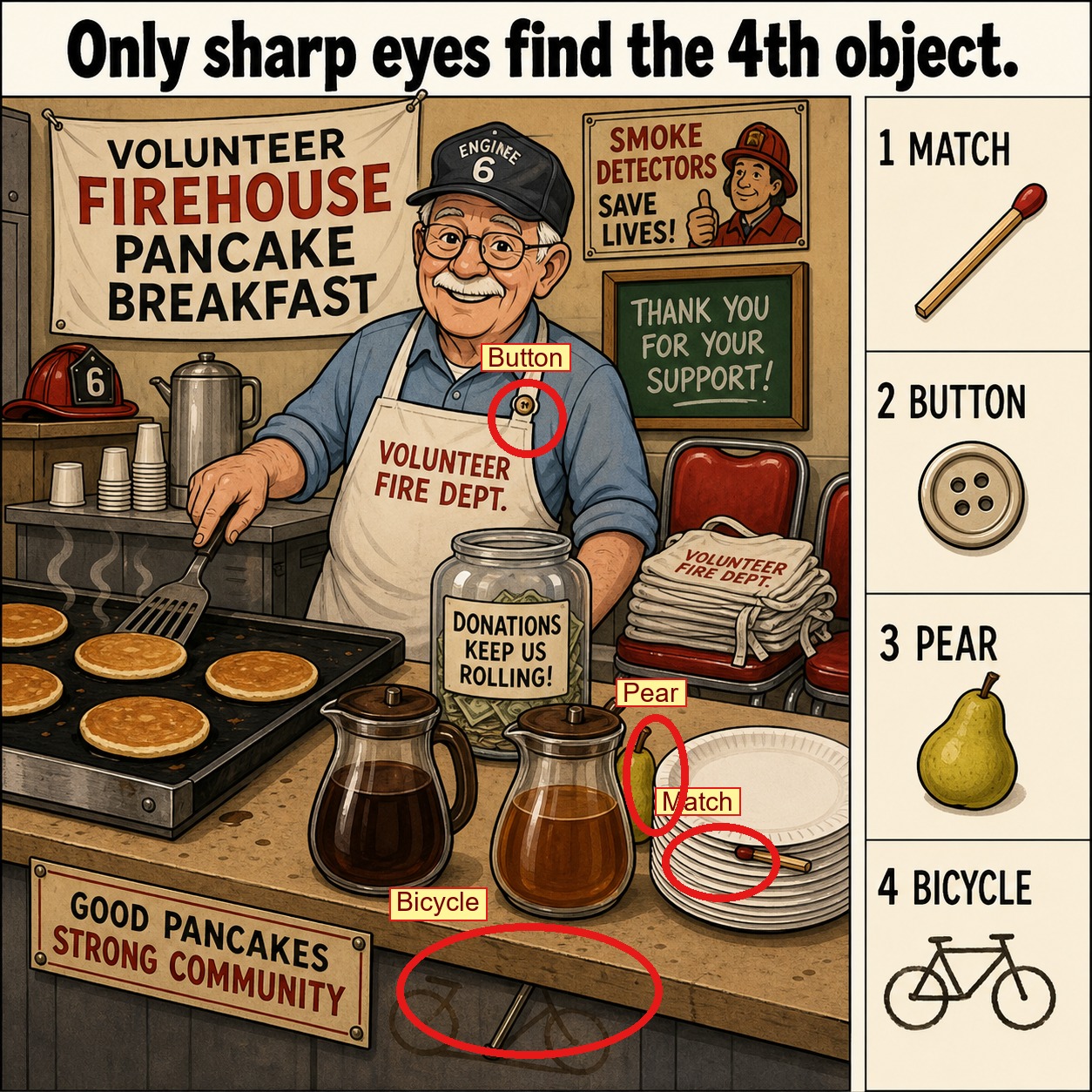 Can You Find All 4 Objects at the Firehouse Pancake Breakfast? answer image