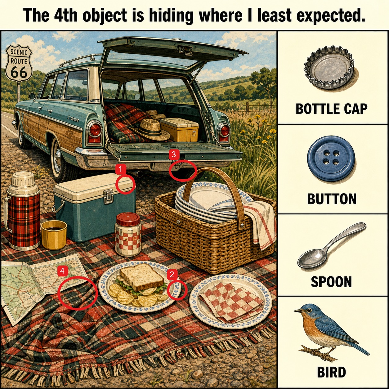 Can You Find All 4 Objects in the Picnic Station Wagon? answer image