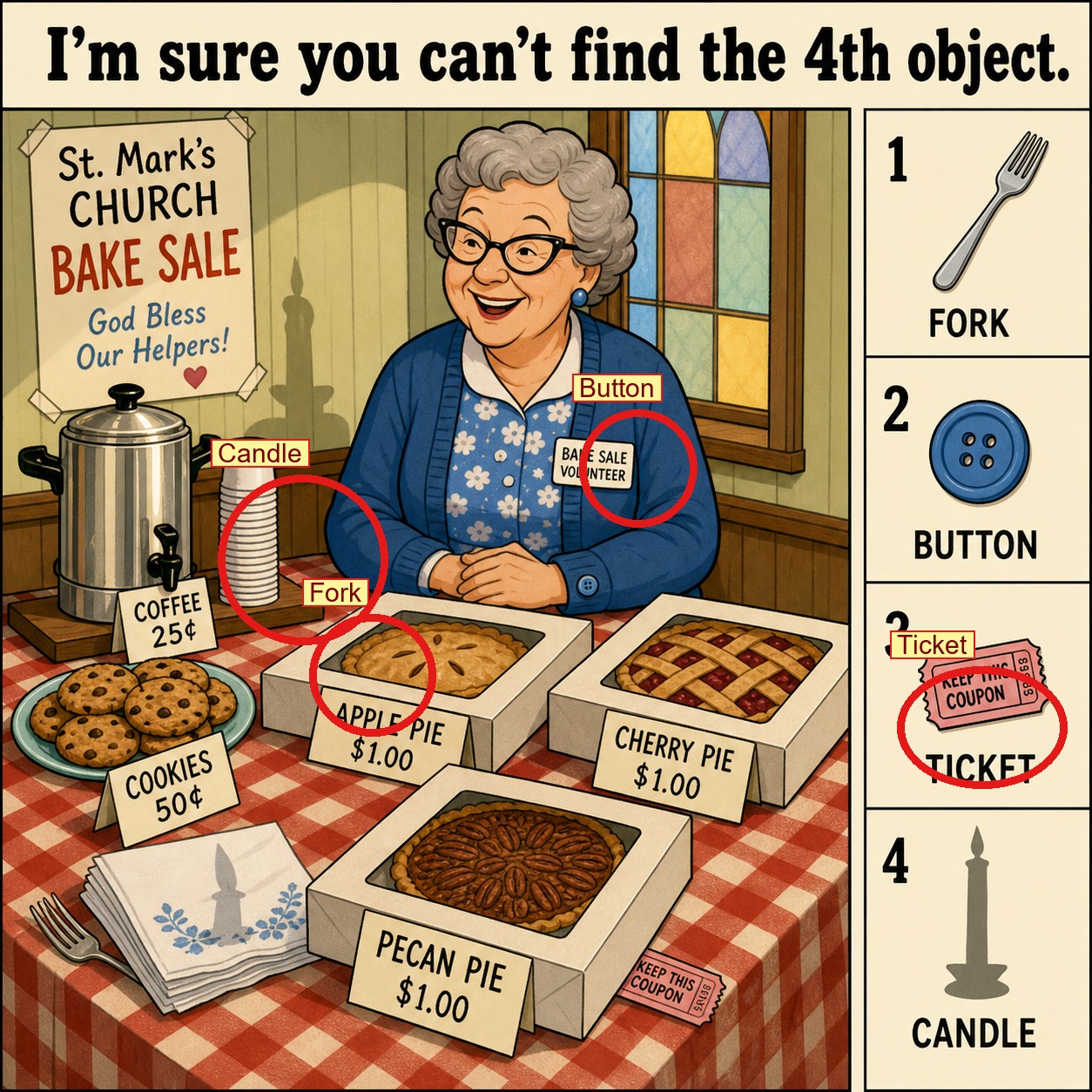 Can You Find All 4 Objects at the Church Bake Sale? answer image