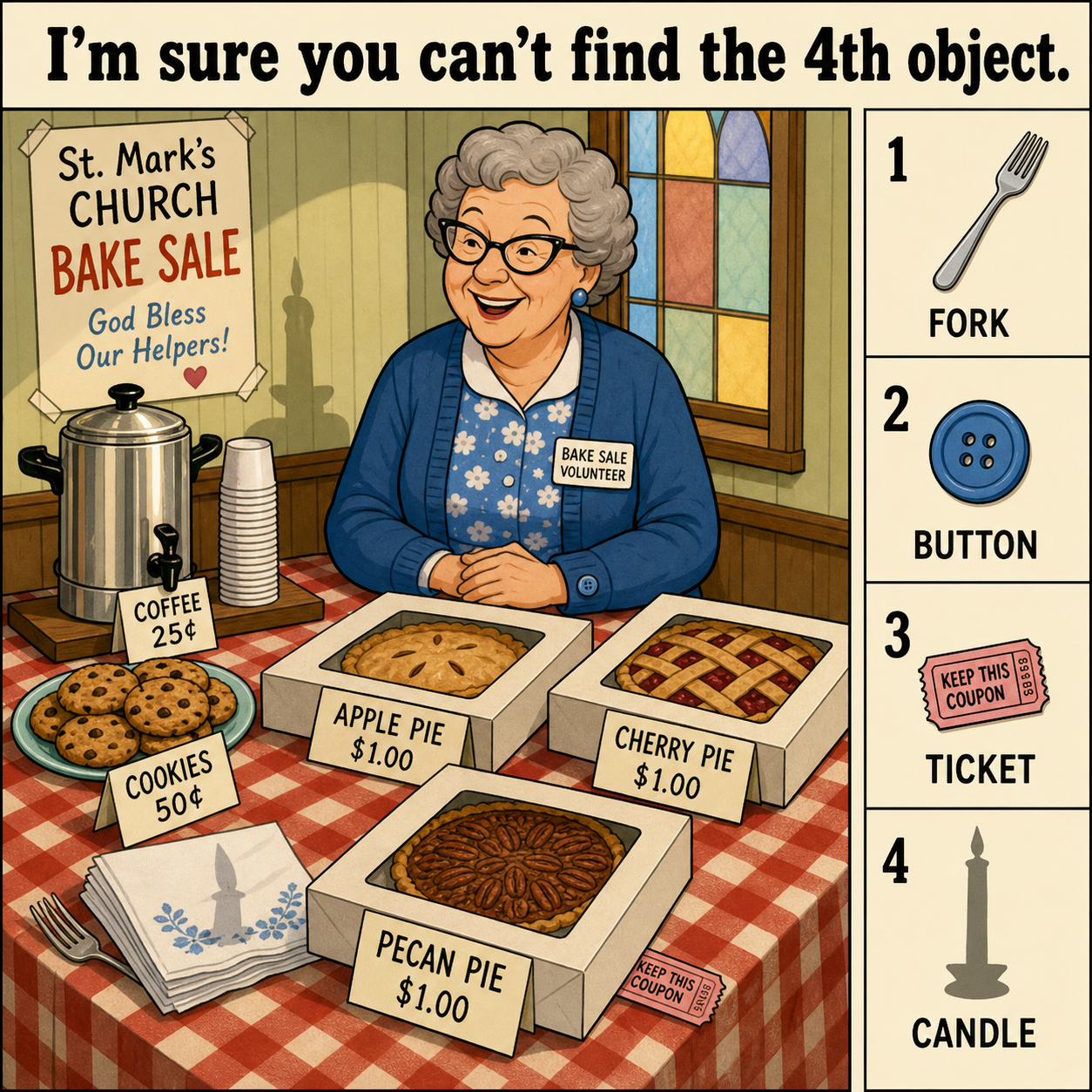 Can You Find All 4 Objects at the Church Bake Sale?