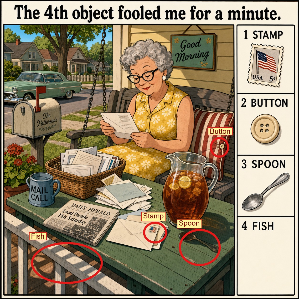 Can You Find All 4 Objects on the Morning Porch? answer image