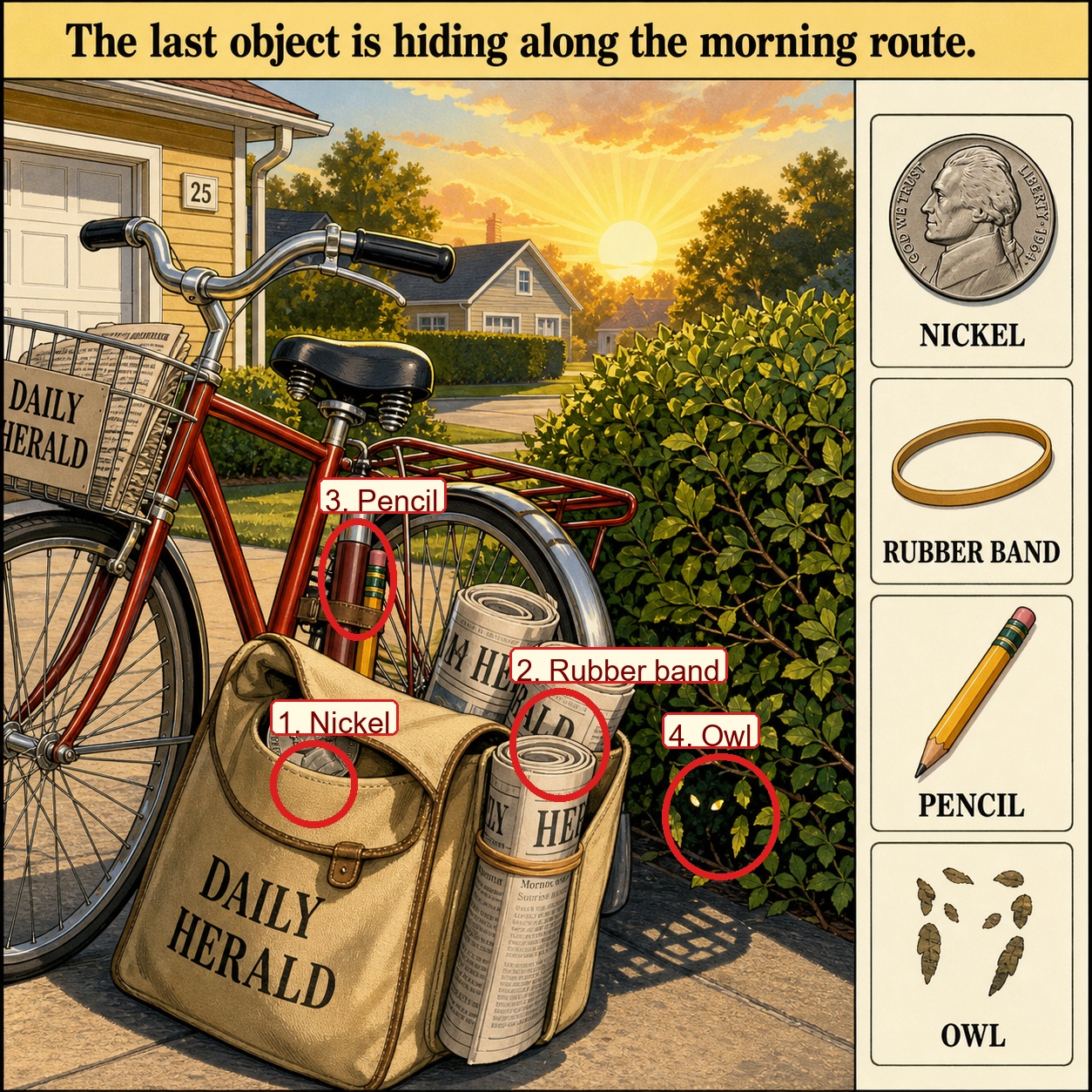 Can You Find All 4 Objects Along the Morning Paper Route? answer image