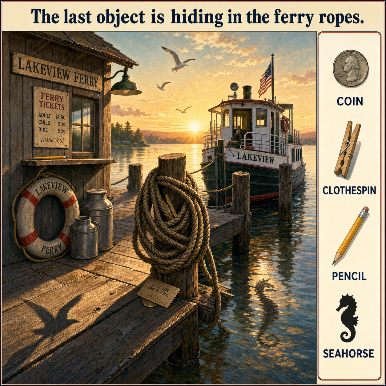 Answer: Four Hidden Objects at the Ferry Dock