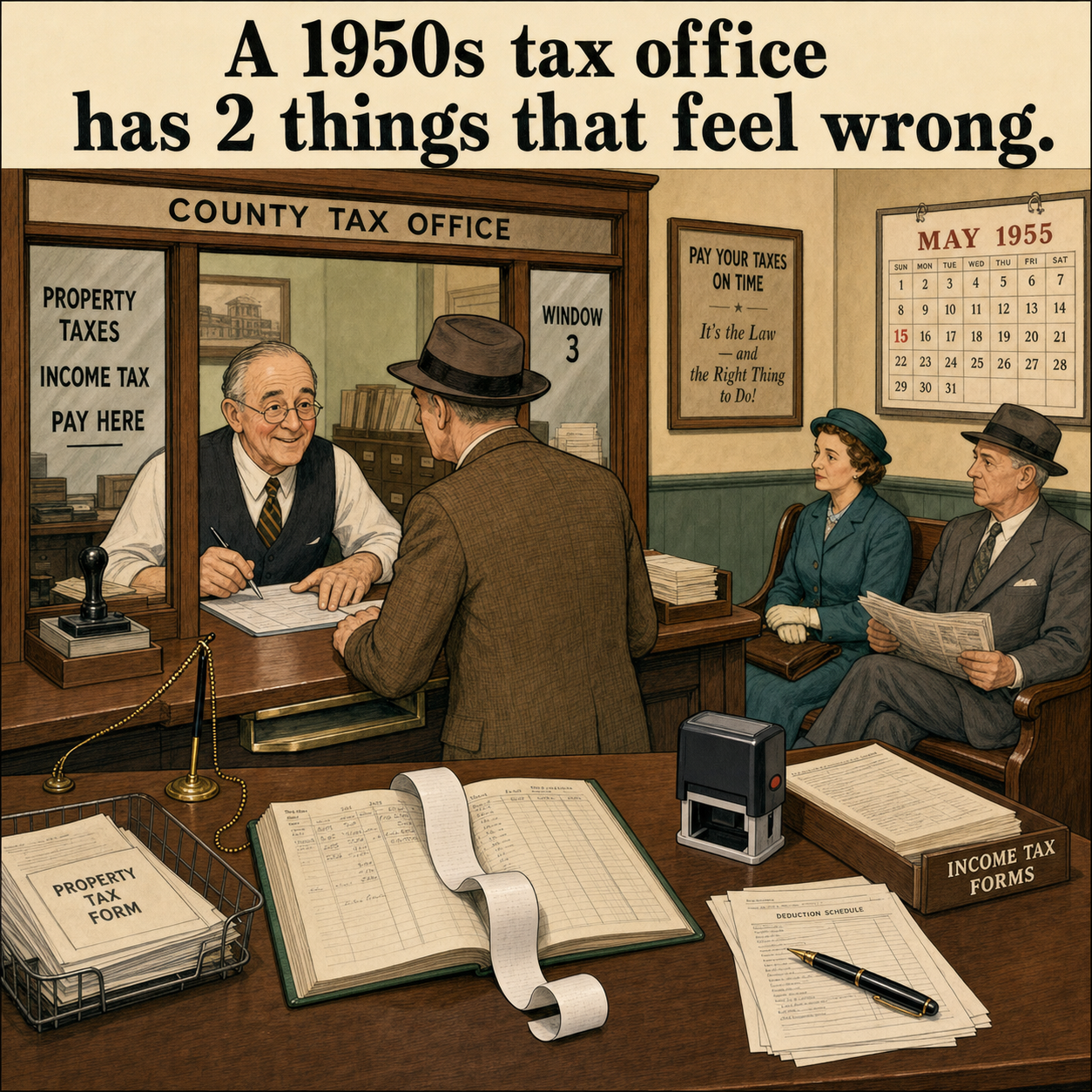 Two Things Feel Wrong at This 1950s Tax Office: Answer