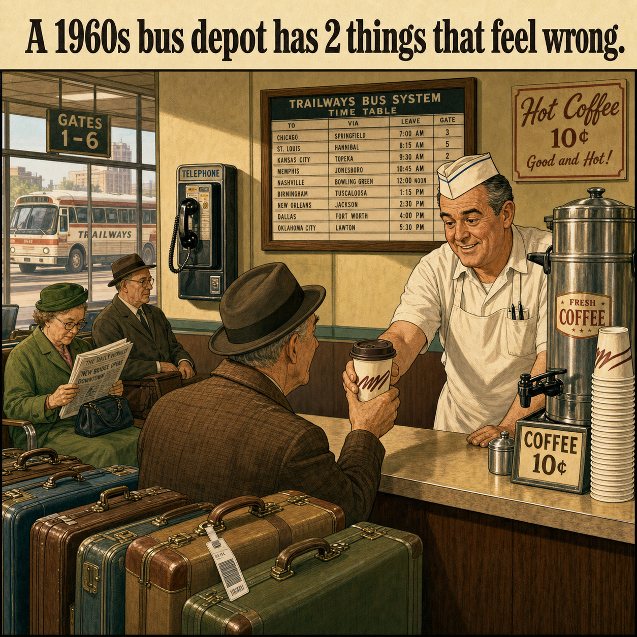 Two Things Feel Wrong in This 1960s Bus Depot: Answer