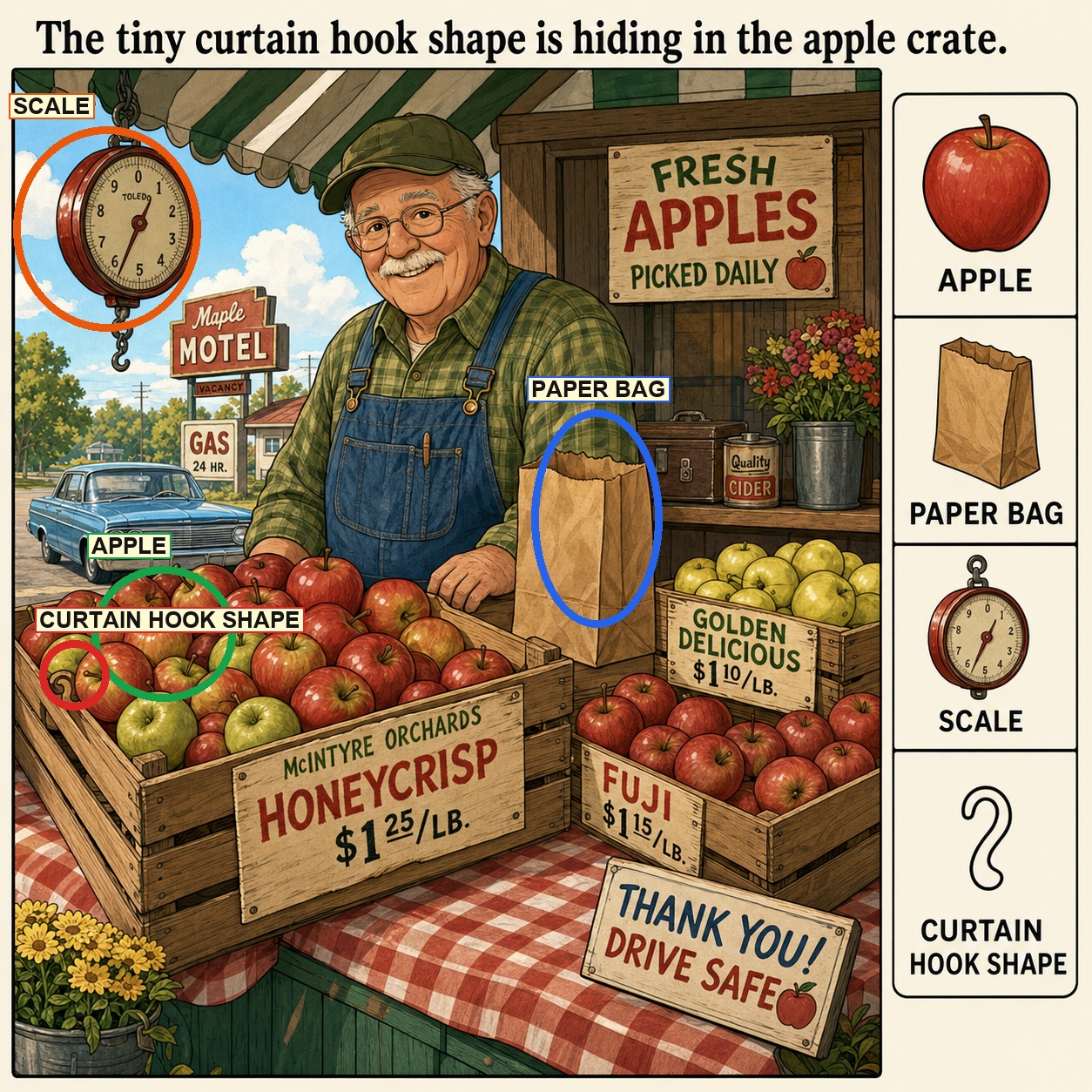 Can You Find the Curtain Hook Shape in the Apple Crate? answer image