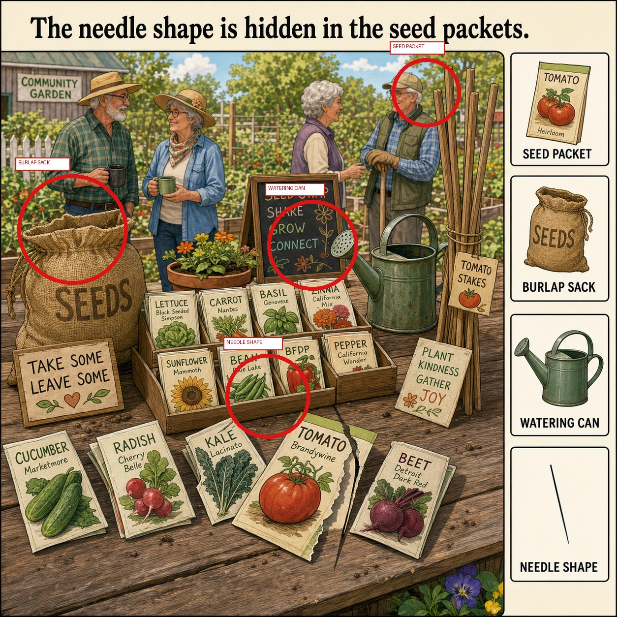 Can You Find the Needle Shape in the Seed Packets? answer image