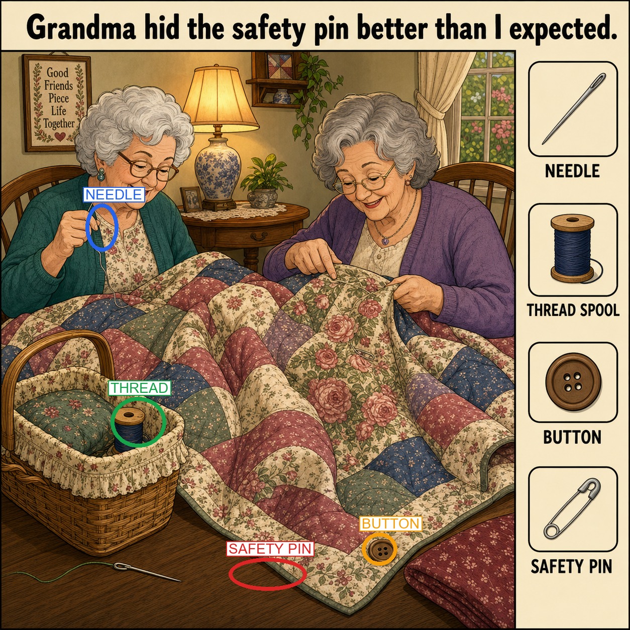 Can You Find the Hidden Safety Pin in the Quilting Room? answer image