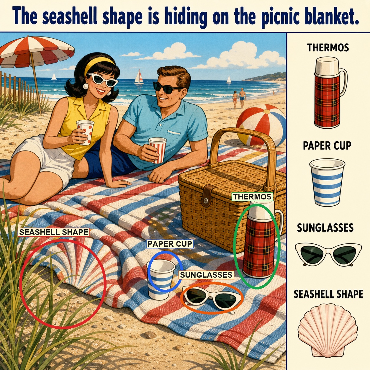 Can You Find the Seashell Shape on the Picnic Blanket? answer image