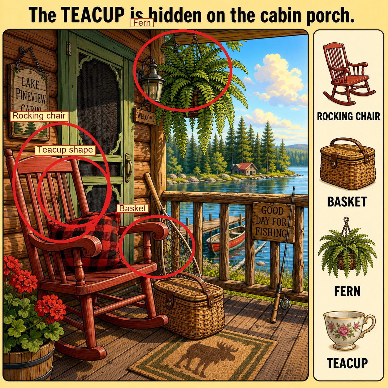 Can You Find the Teacup on the Cabin Porch? answer image