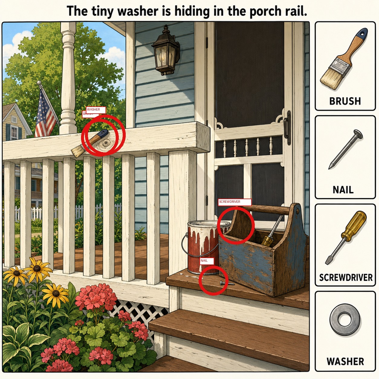 Can You Find the Hidden Washer on the Porch Rail? answer image