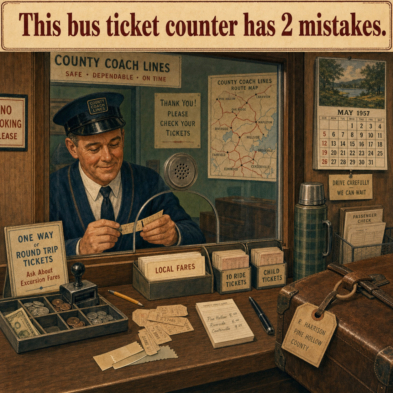 Two Mistakes at This 1950s Bus Ticket Counter: Answer