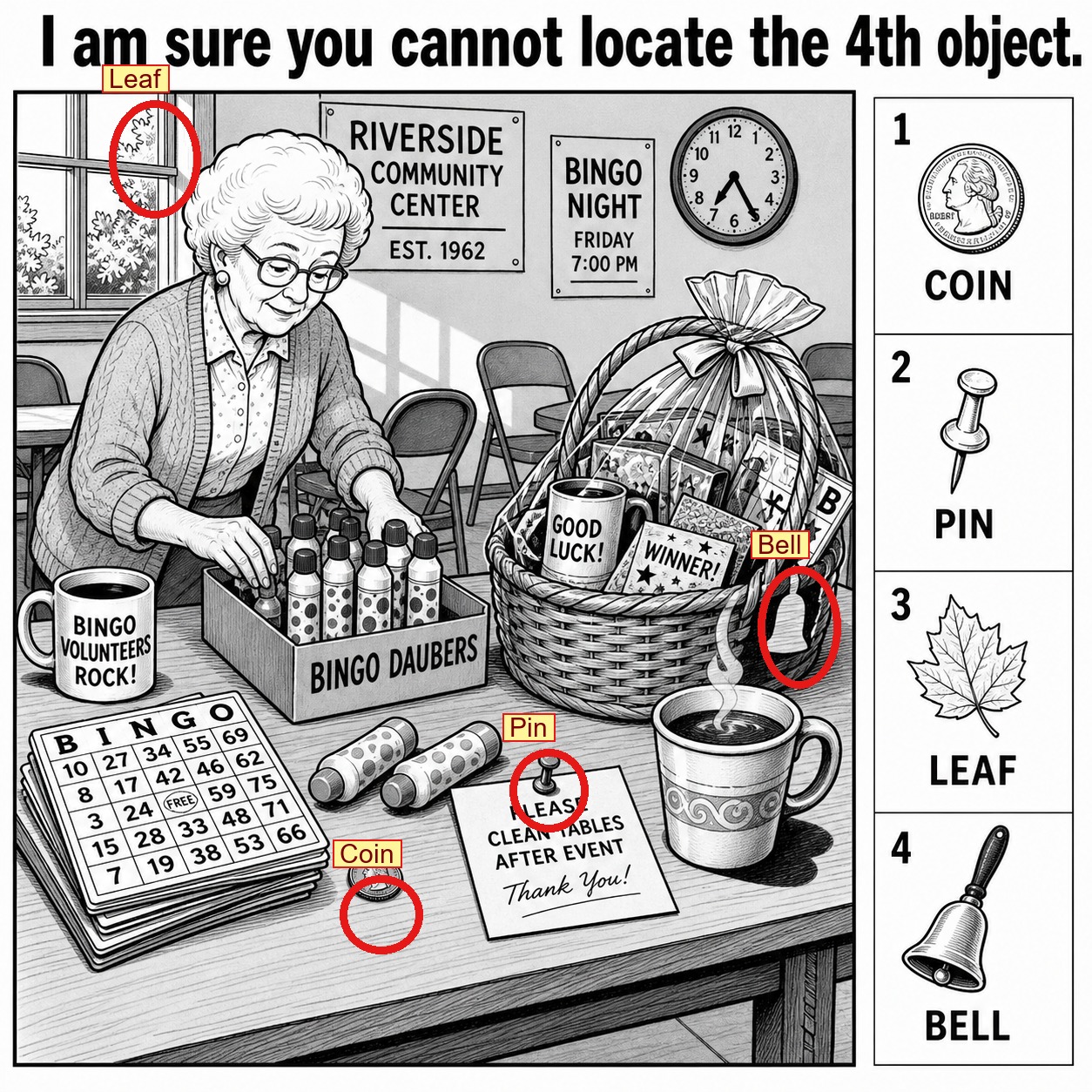 Can You Locate All 4 Objects at the Bingo Table? answer image