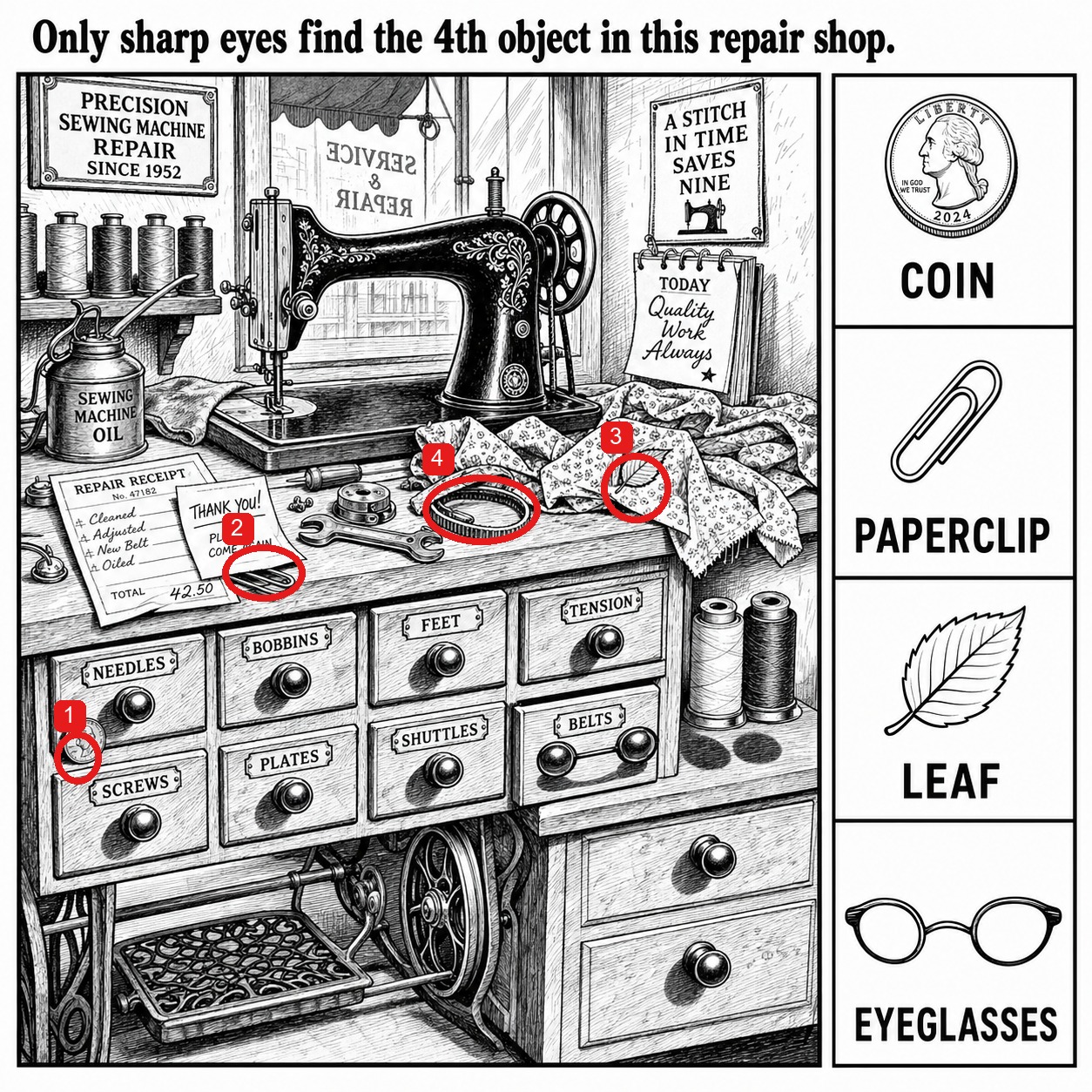 Can You Find All 4 Objects in the Sewing Machine Shop? answer image
