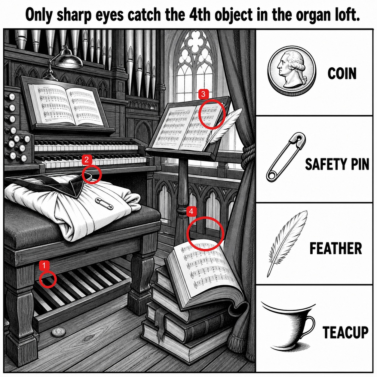 Can You Find All 4 Objects in the Organ Loft? answer image
