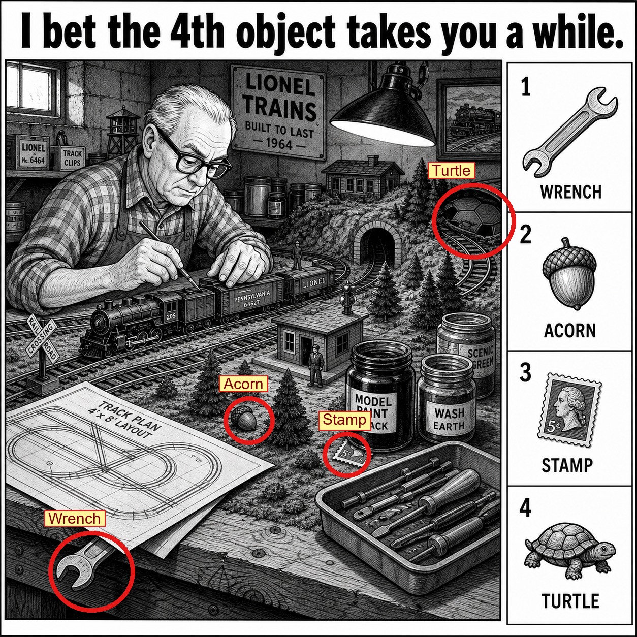 Can You Find All 4 Objects in the Basement Train Set? answer image