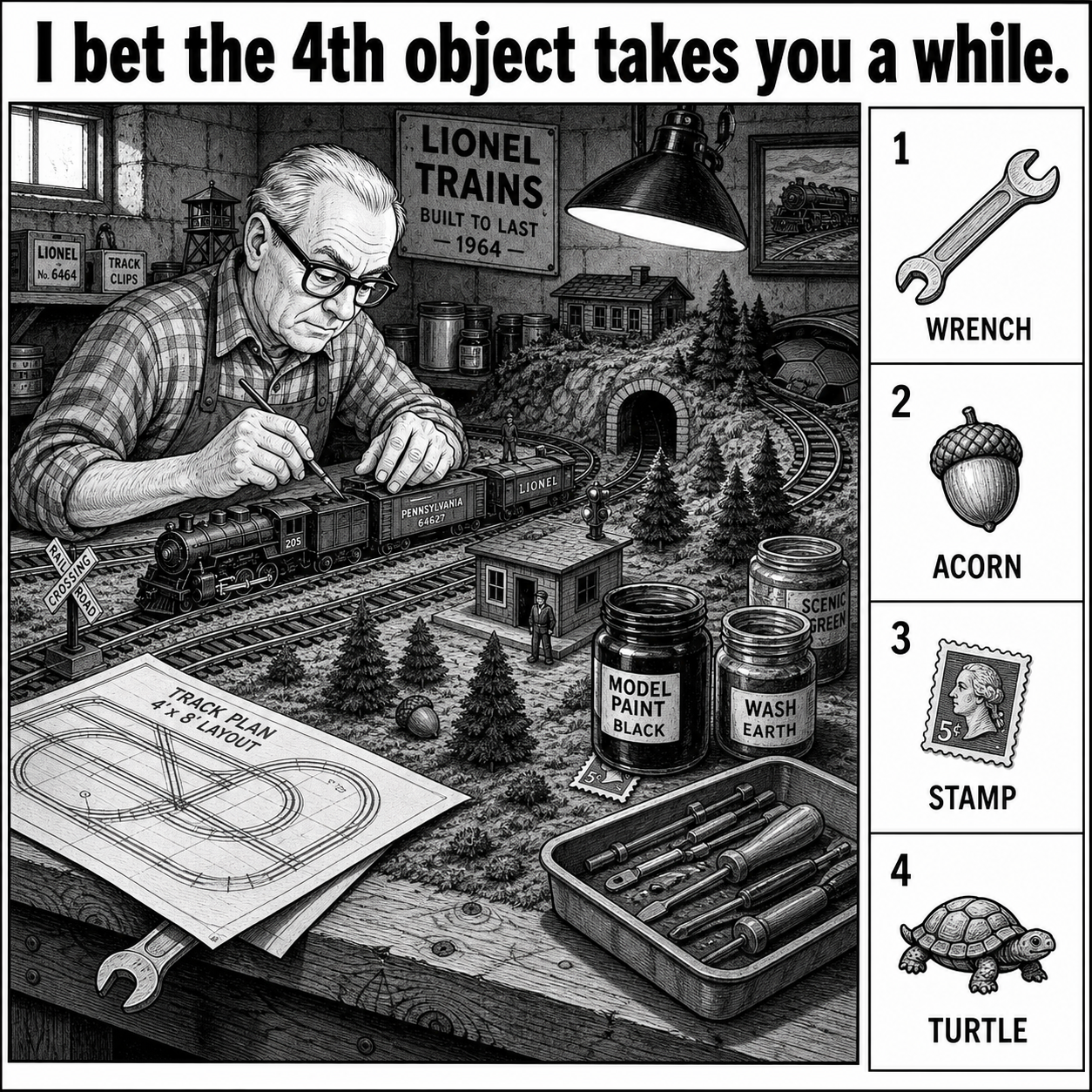 Can You Find All 4 Objects in the Basement Train Set?