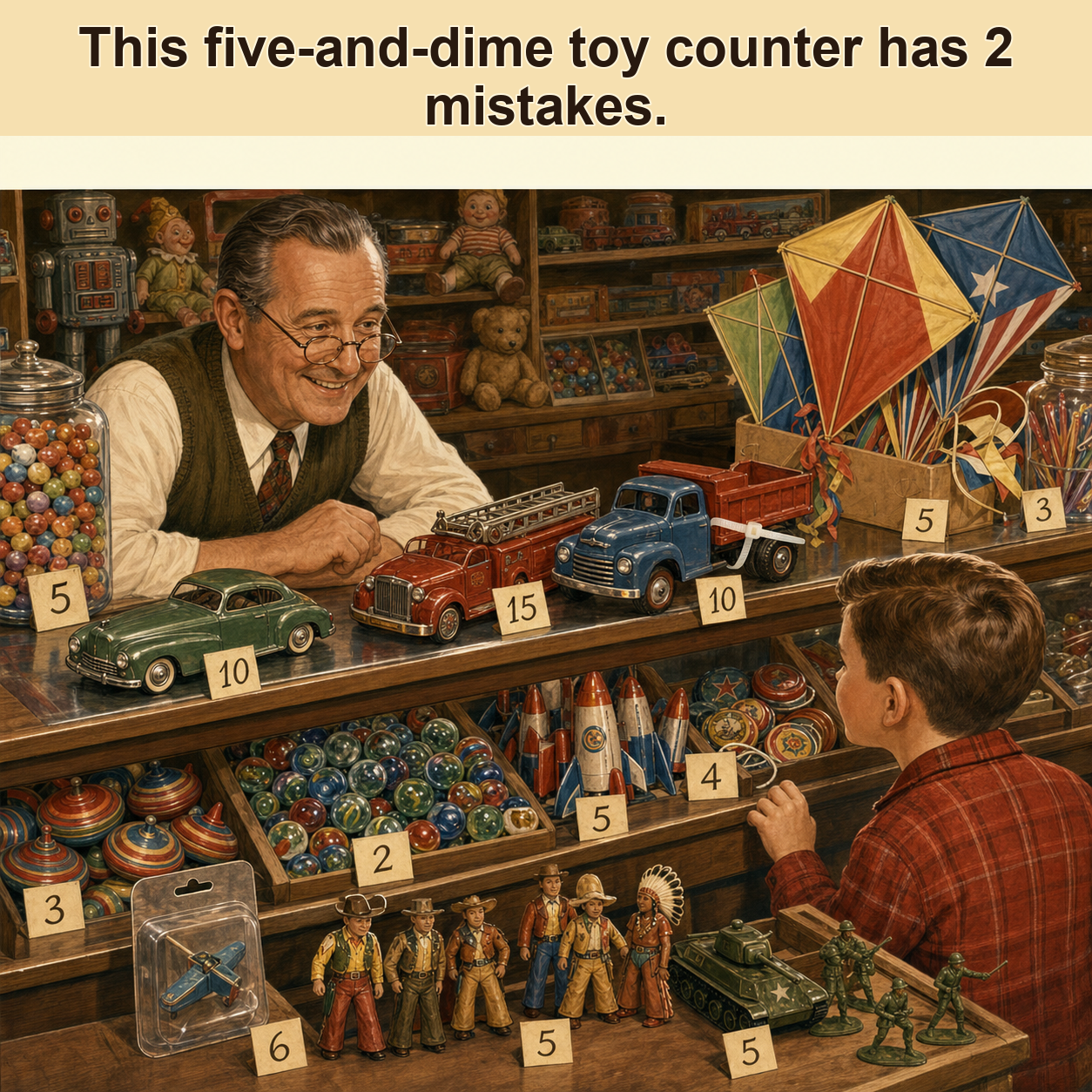 Two Mistakes on This Five-and-Dime Toy Counter: Answer