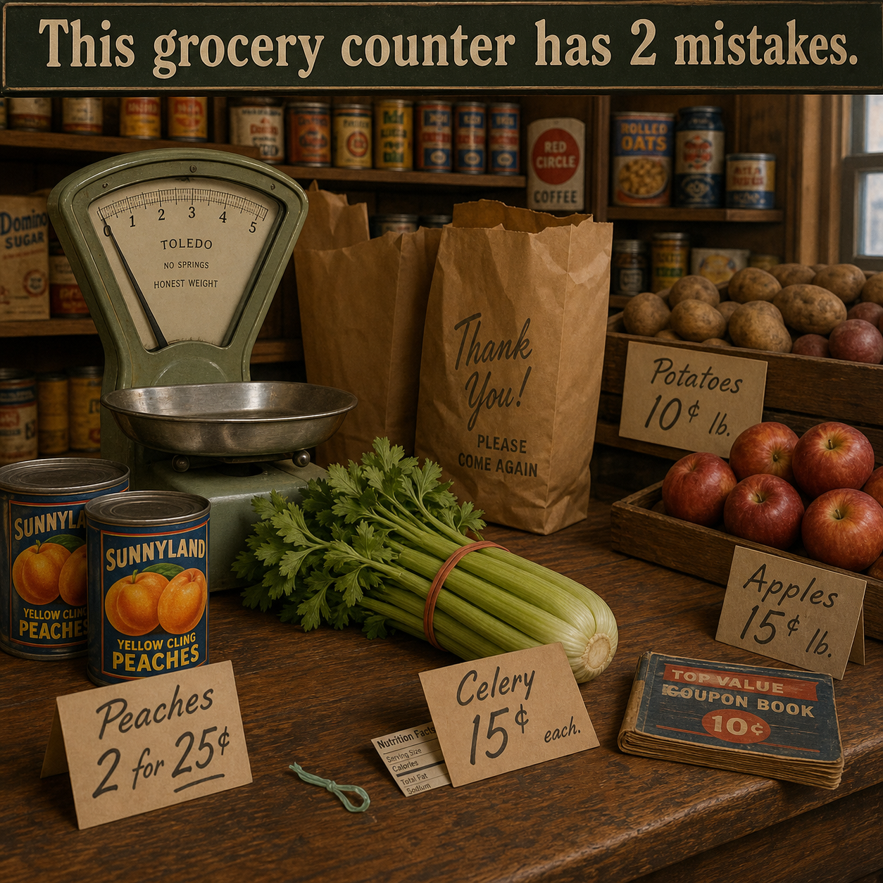 Two Mistakes on This 1960s Grocery Counter: Answer