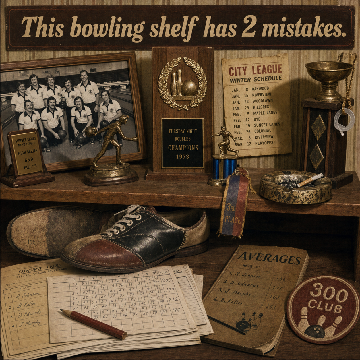 Two Mistakes on This Bowling Trophy Shelf: Answer