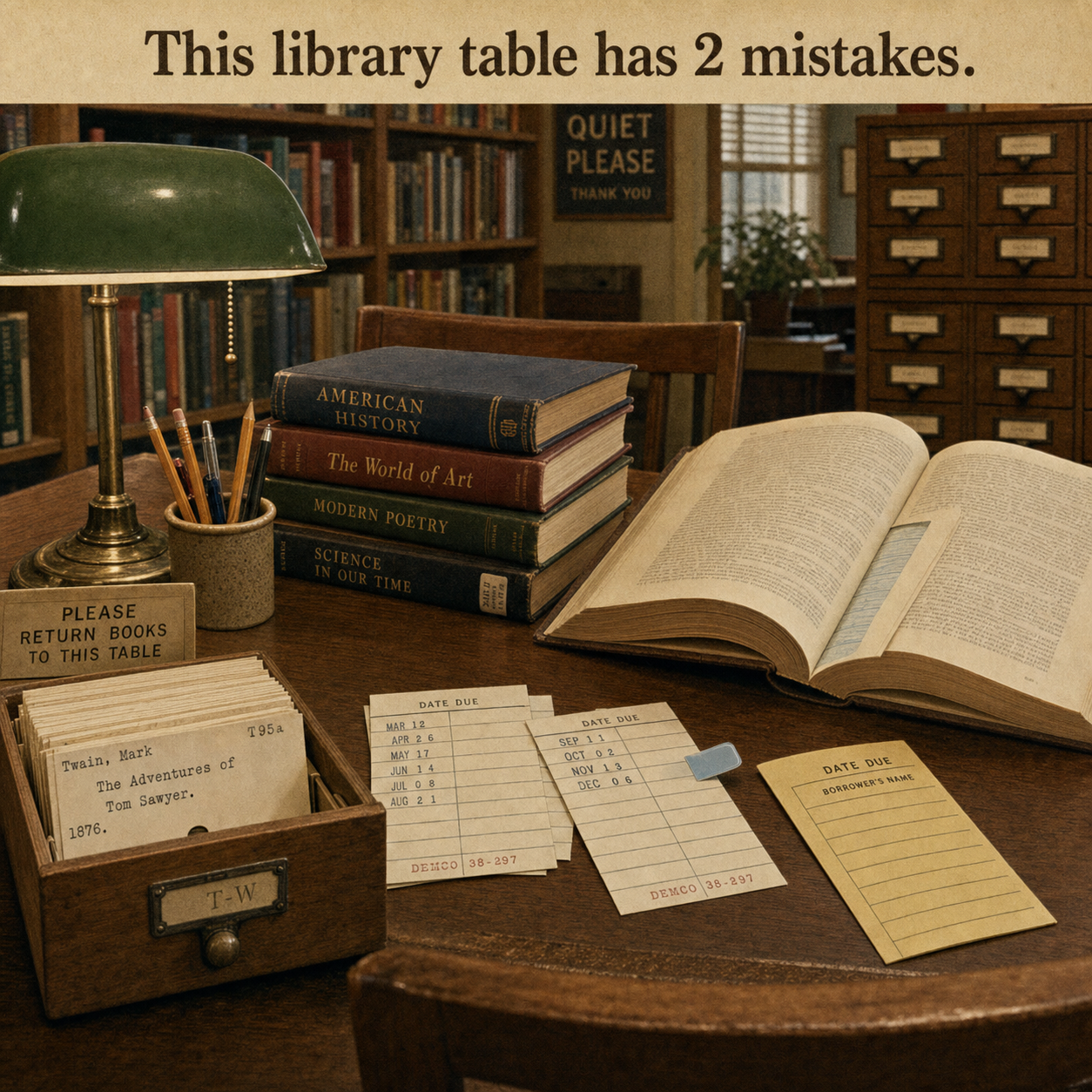Two Mistakes on This 1970s Library Table: Answer