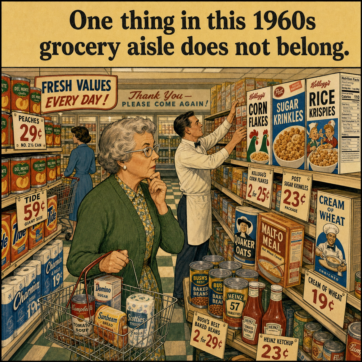 One Thing Does Not Belong in This 1960s Grocery Aisle: Answer