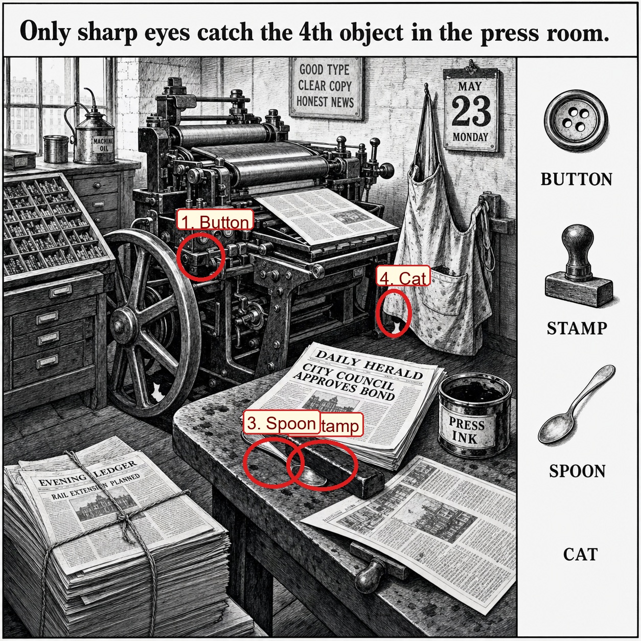 Can You Find All 4 Objects in the Press Room? answer image