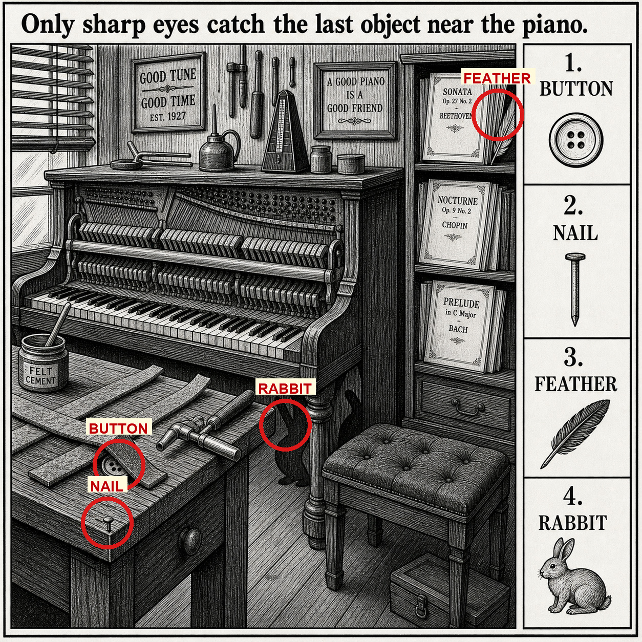 Answer: Four Hidden Objects in the Piano Workshop answer image