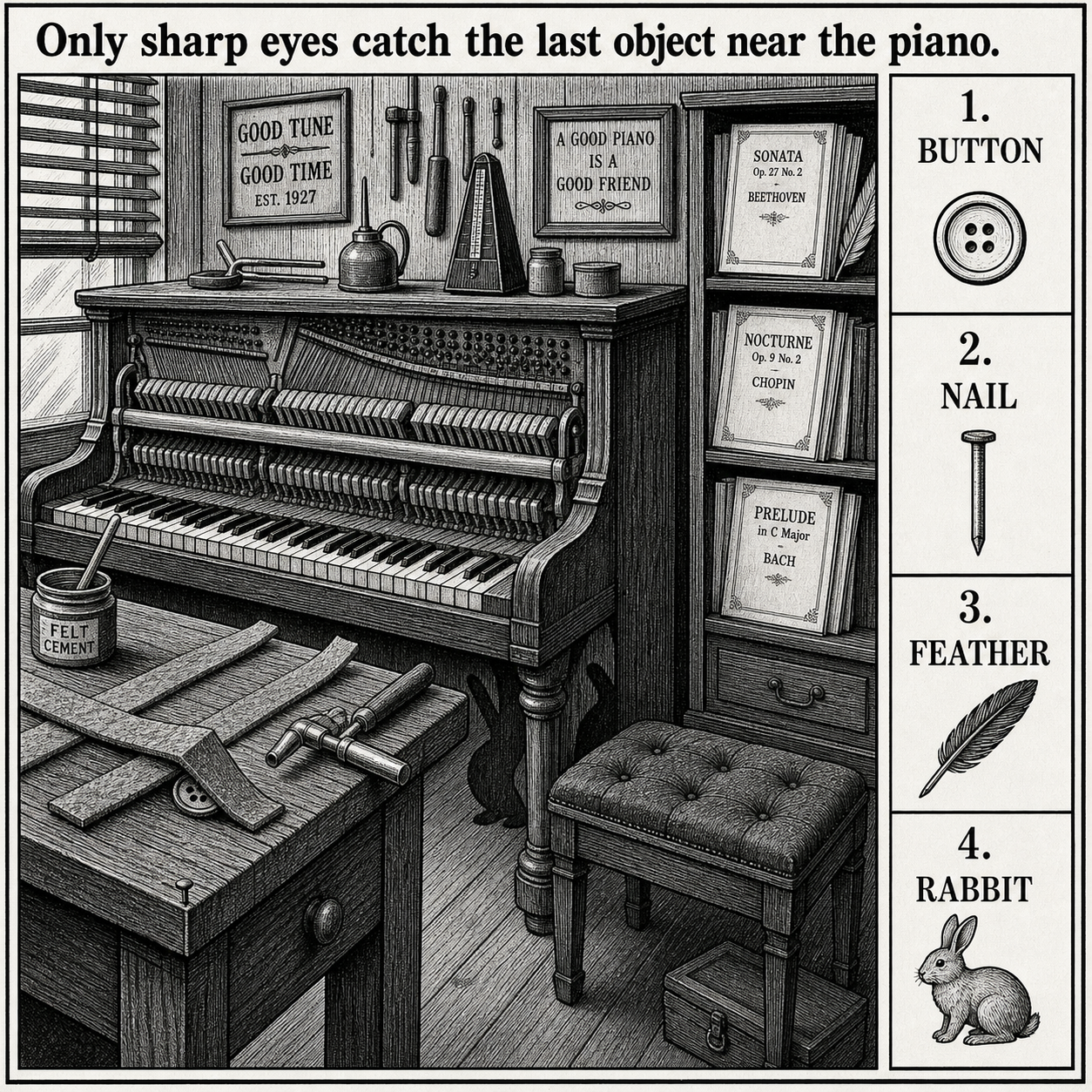 Answer: Four Hidden Objects in the Piano Workshop